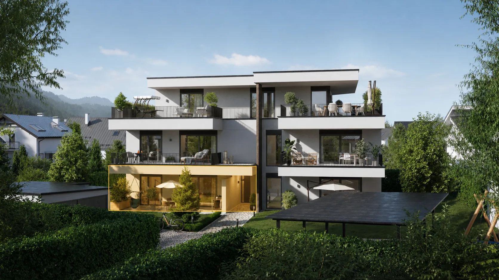 Top 1 – markierte Lage der Wohnung im Haus – Symbolfoto, mit KI bearbeitet
