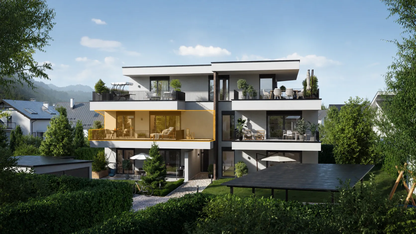 Top 3 – markierte Lage der Wohnung im Haus – Symbolfoto, mit KI bearbeitet