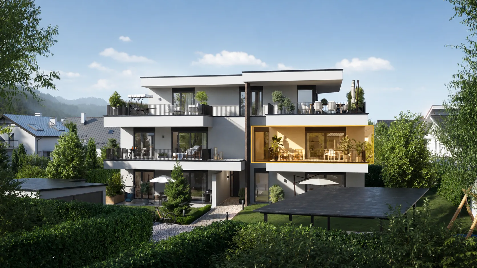 Top 4 – markierte Lage der Wohnung im Haus – Symbolfoto, mit KI bearbeitet