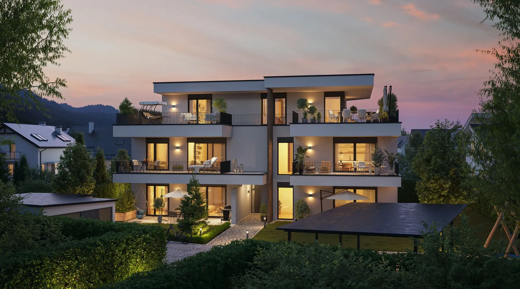 Villa Eva am Abend – beleuchtete Fassade und private Gartenbereiche – Symbolfoto, mit KI bearbeitet