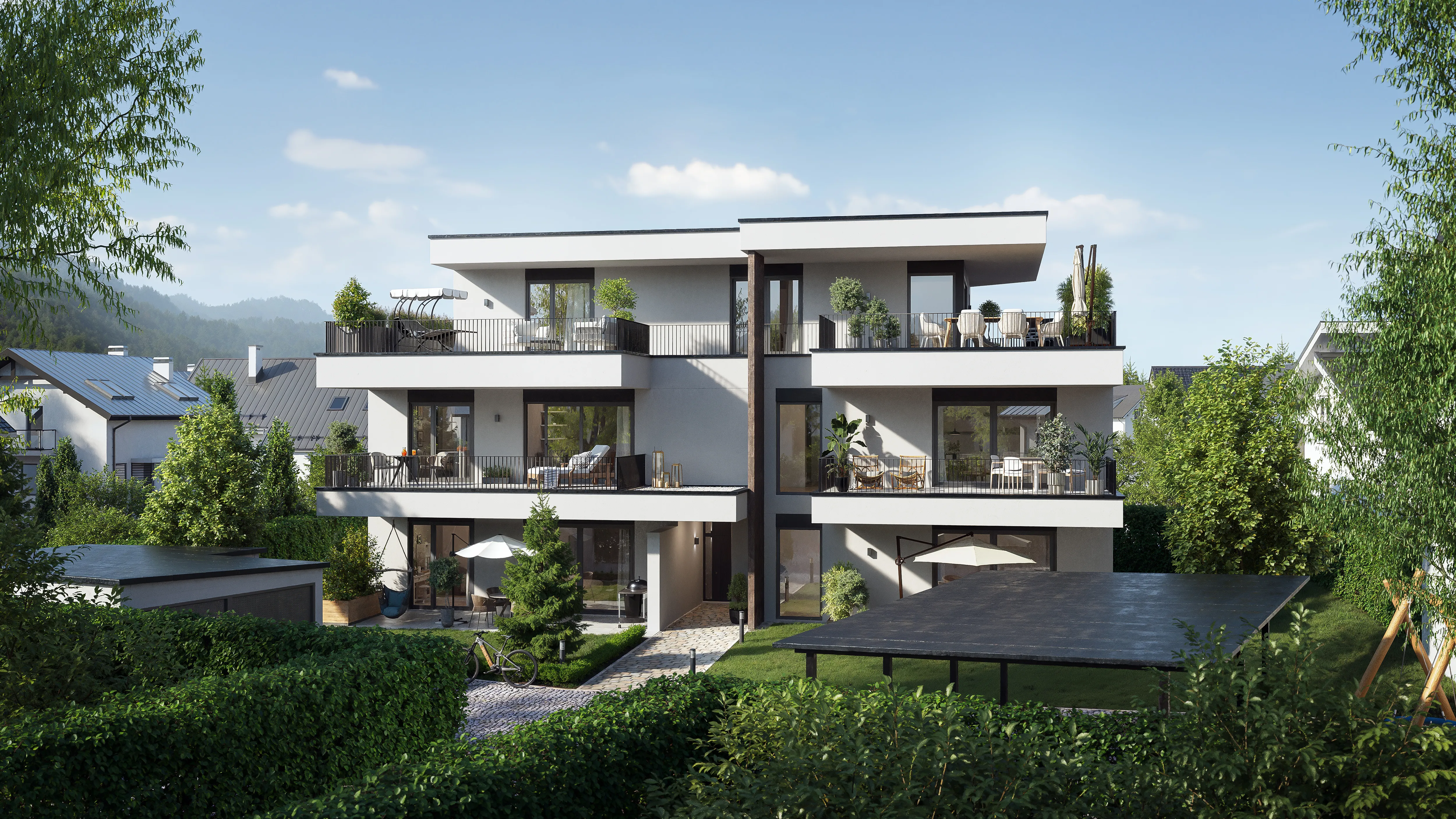 Villa Eva am Kreuzbergl in Klagenfurt – Ansicht bei Tag mit Terrassen und Balkonen im Grünen – Symbolfoto, mit KI bearbeitet